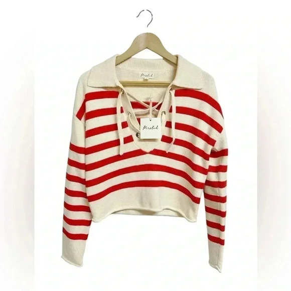 Marled Red and Cream Striped Lace Up Aria Sweater Size Small NWT - Picture 1 of 7